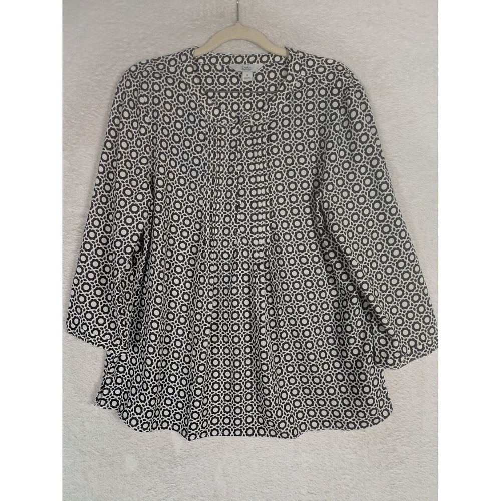 Croft & Barrow Blouse Women's M Black White Floral Circle Print Pintuck Sleeve